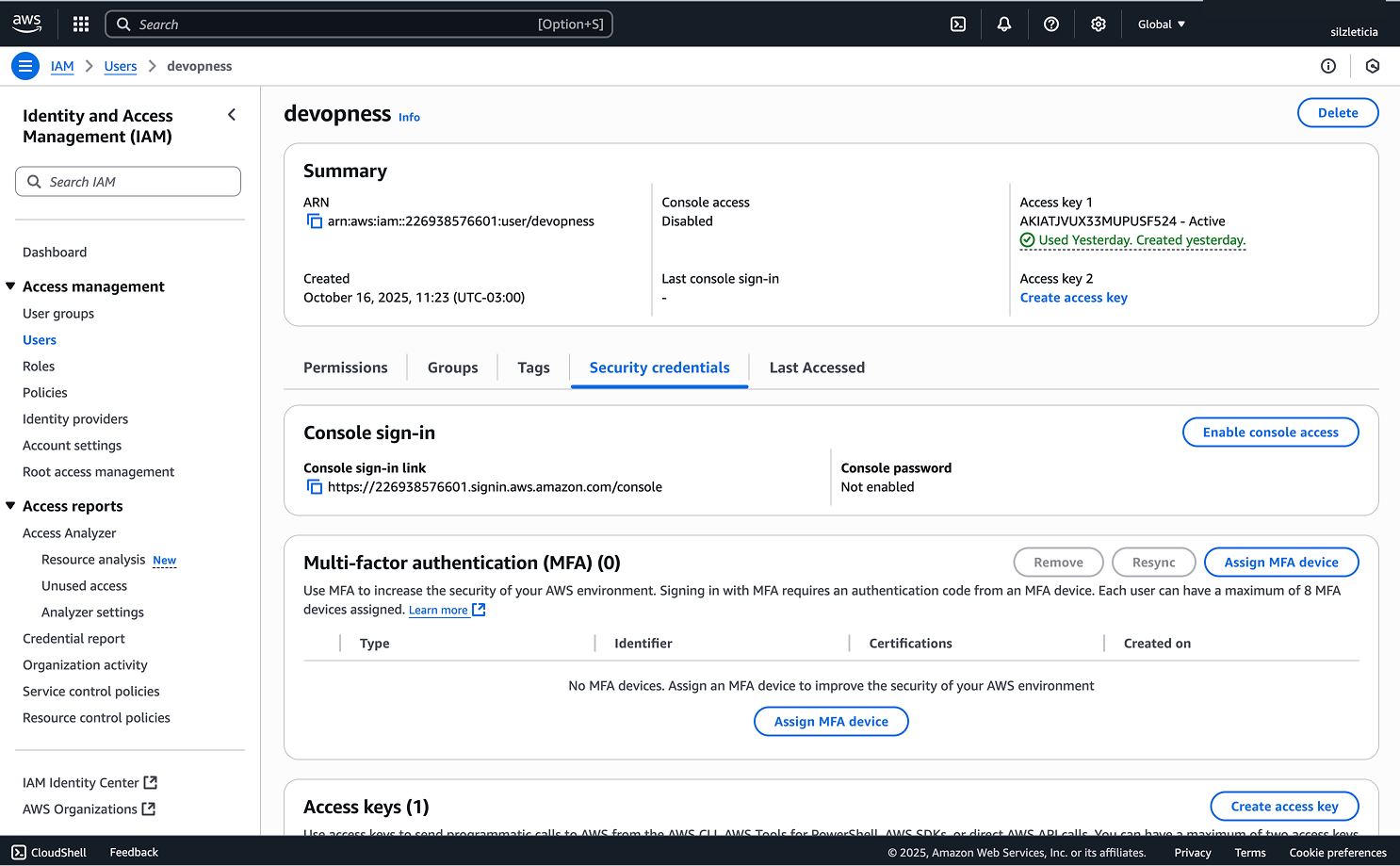 Security credentials tab